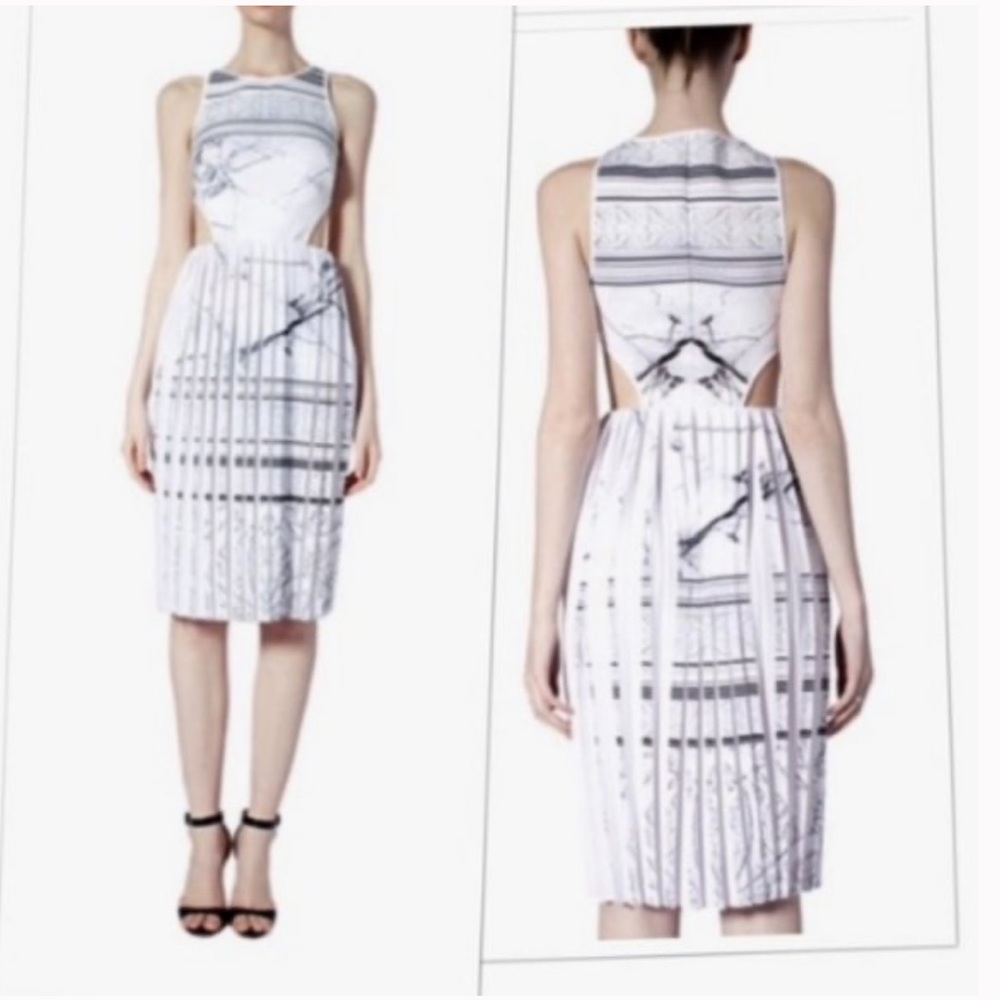 Clover Canyon White and Black Striped Marble-Print Cutout Sheath Dress